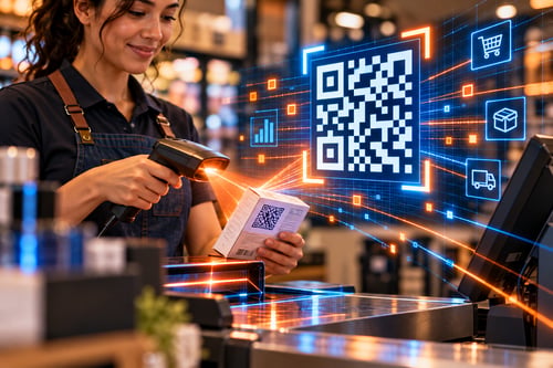 A retail cashier scans a 2D barcode on a product. Glowing digital overlays of a QR code, analytics graph, shopping cart, inventory box, and delivery truck surround the scanner, representing expanded data connectivity.