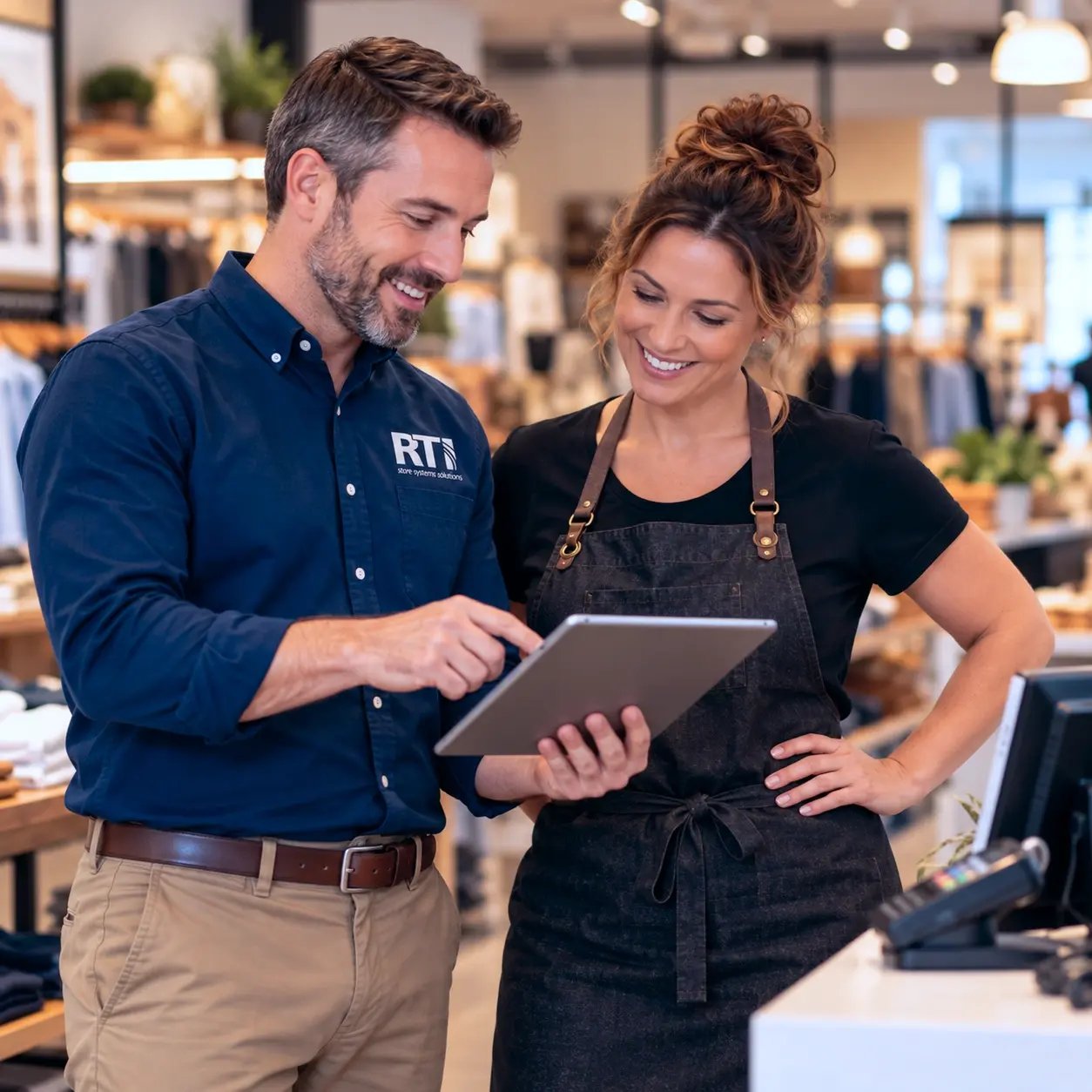 Man and woman looking at a tablet in a retail setting