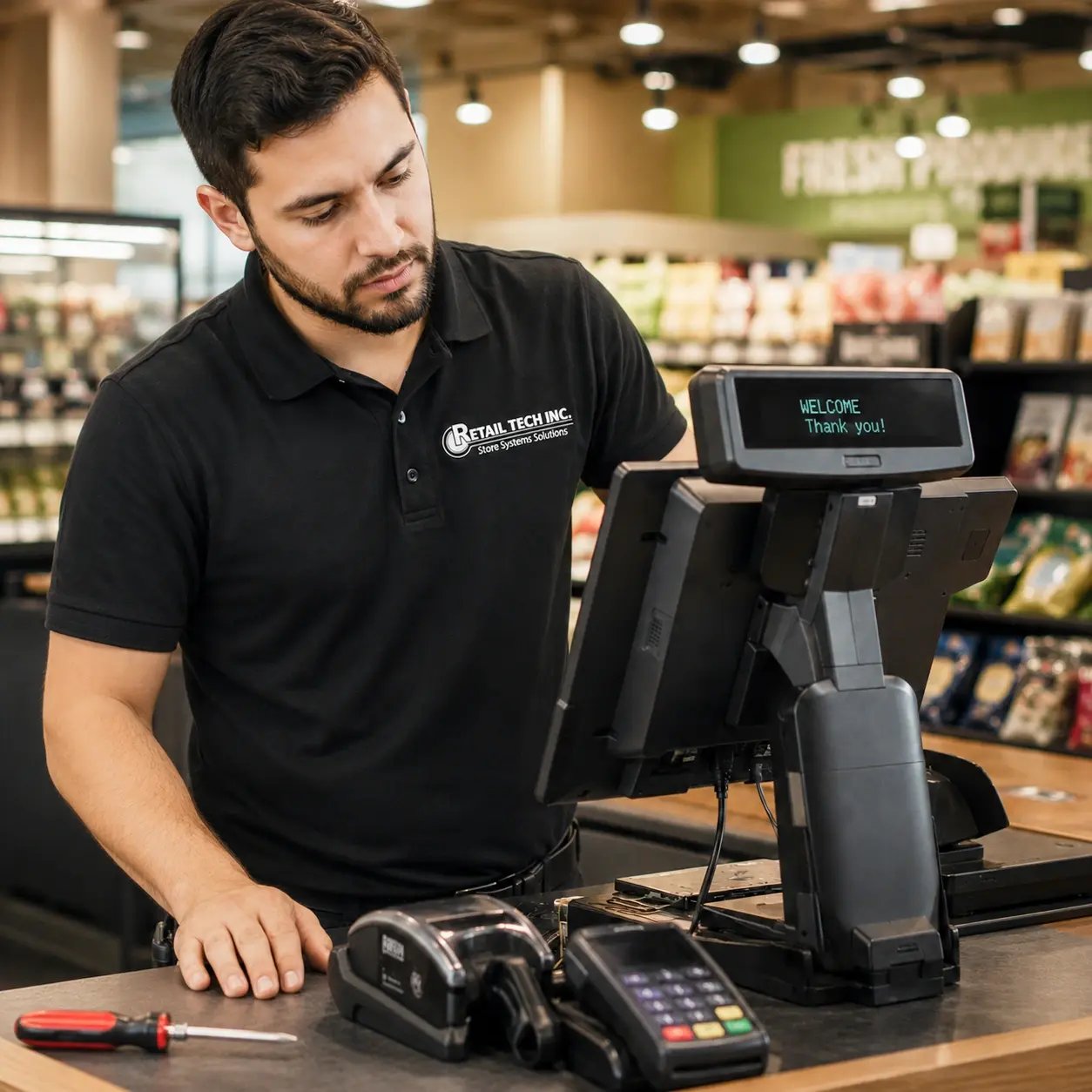 man troubleshooting a POS system