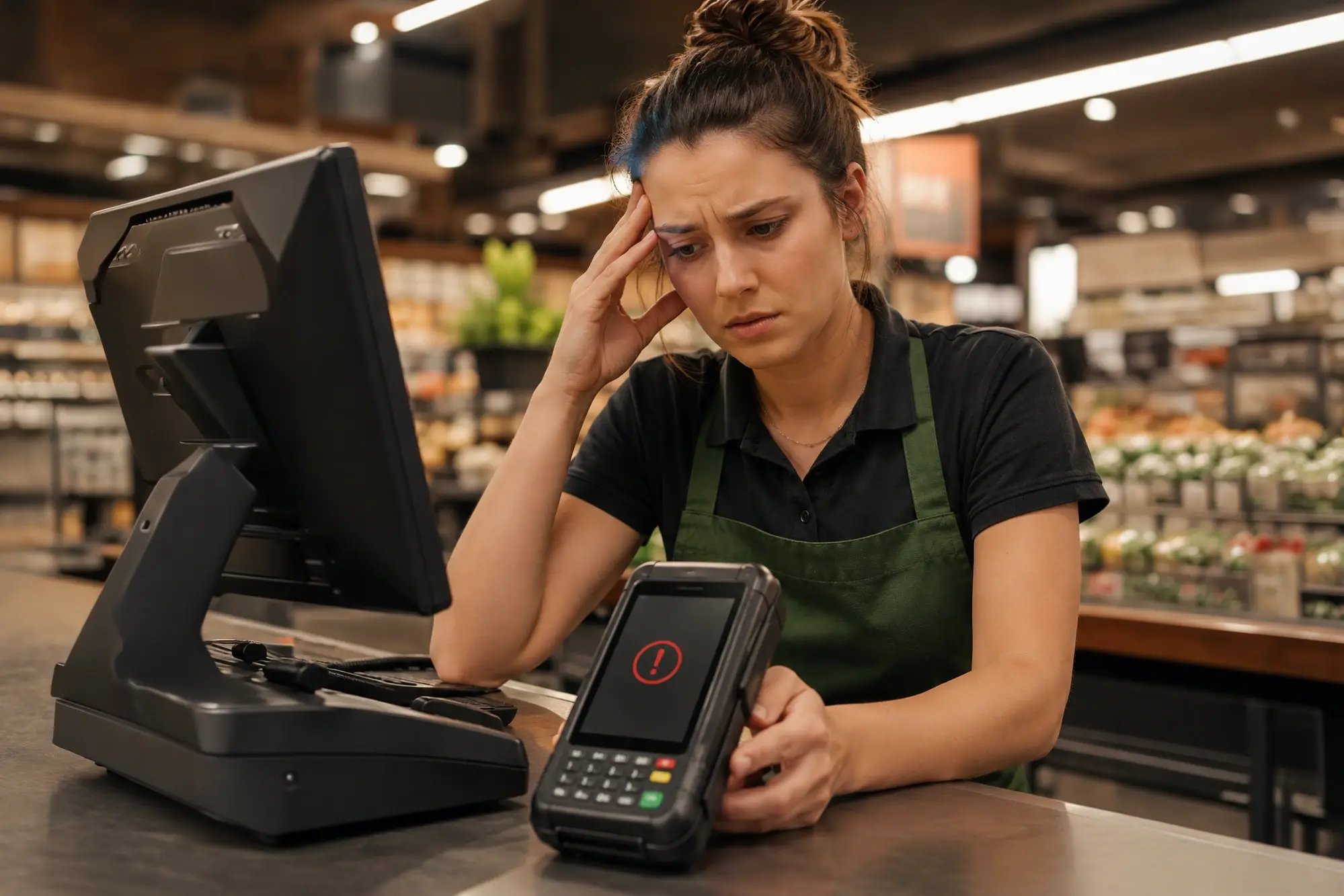 A woman in retail setting dealing with a broken POS system