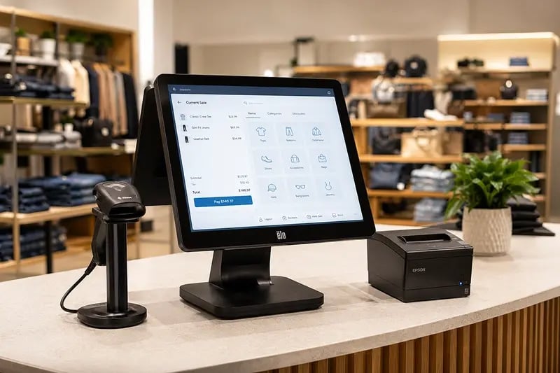 A POS system on a checkout counter