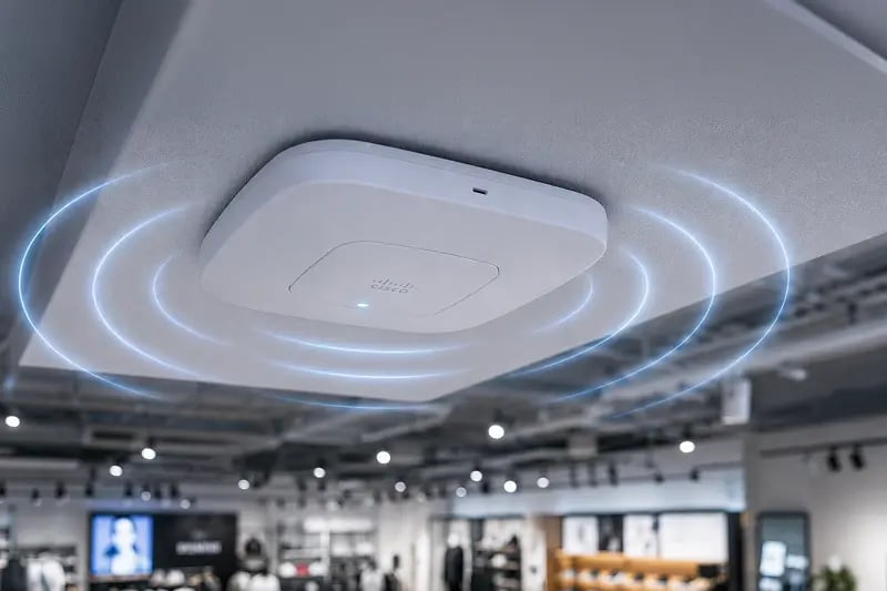 an access point mounted on the ceiling of a retail store