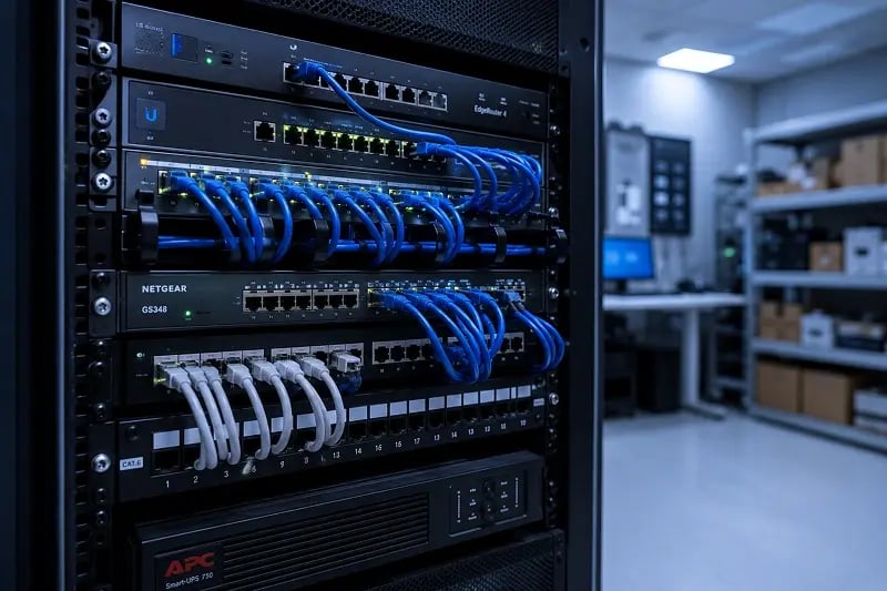 an retail IT office with a view of a router with many cables plugged in