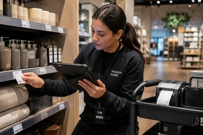 a woman placing a label on a shelf of a retail store while referencing a tablet