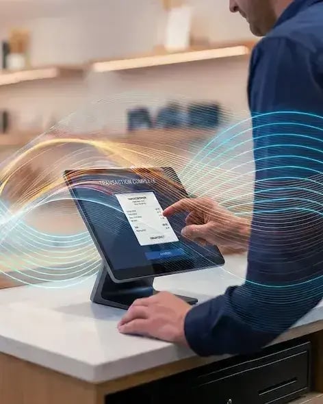 man standing at a pos system with blue decorative lines on image