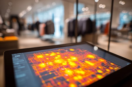 closeup of a tablet screen displaying a vibrant heat mapping data inside a retail store