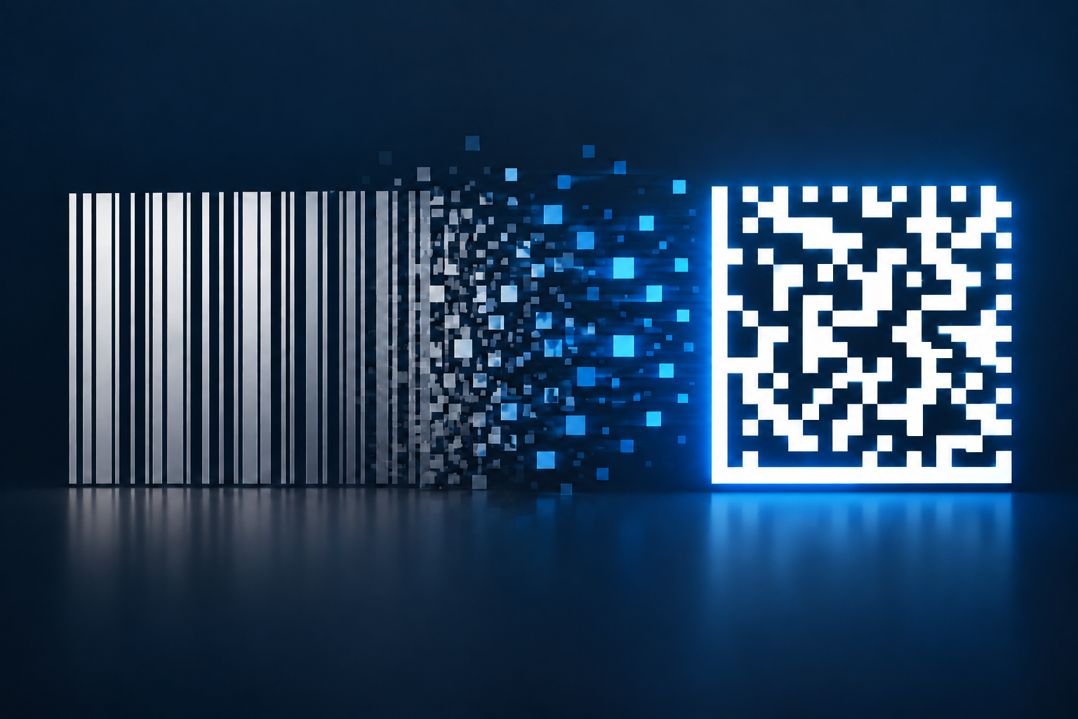 A 3D digital rendering showing a traditional 1D linear barcode dissolving into glowing blue cubes and transforming into a modern 2D barcode against a dark background.