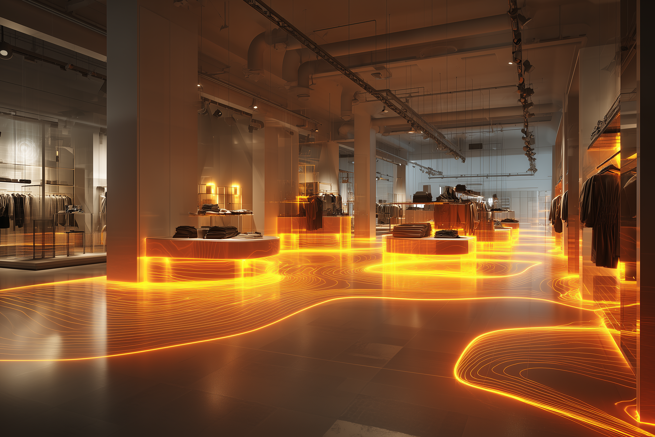 A modern retail store interior with glowing lit up sections to depict heat mapping data