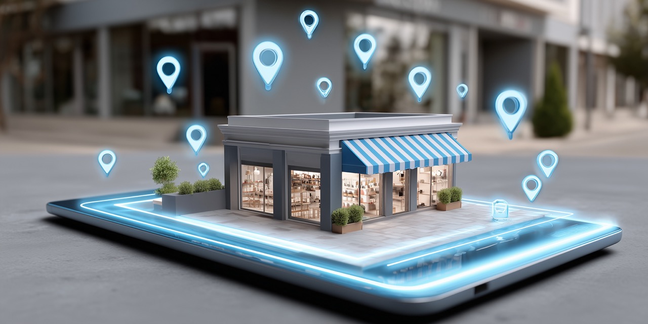 business store front sitting on digital screen with glowing blue lights and multiple location icons