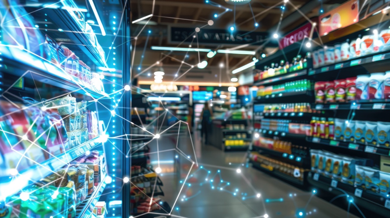 grocery store aisle with food on shelves and glowing blue digital dots conveying connectivity and wi-fi network