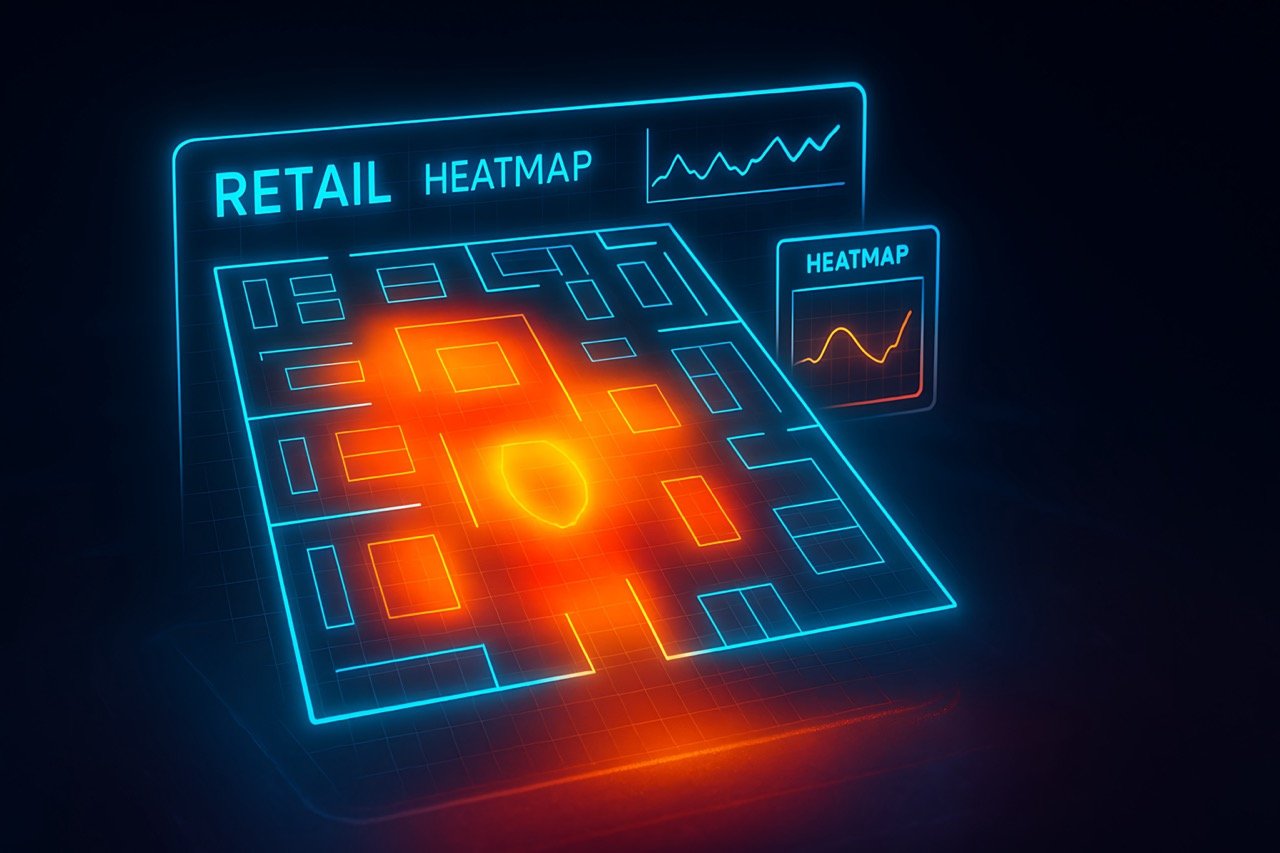Glowing orange and blue retail heatmap visualization for digital store insights technology