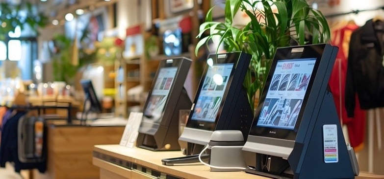 Self Checkout Kiosk in Retail Store Interior with Modern Tech Driven Design