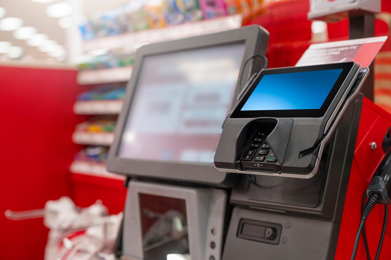 self checkout station with candy and gum in background and self serve point of sale system with scanner, display and credit card terminal