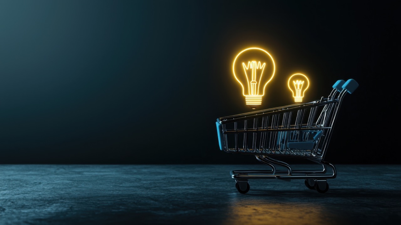 a retail shopping cart on a dark colored background with illuminated lightbulb graphics hovering above